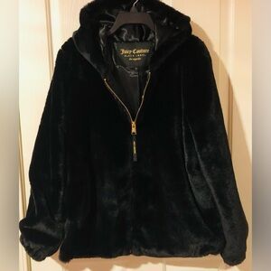Juicy Couture Black Label Black Faux Fur Coat Full Zip Hooded Jacket Sz Large